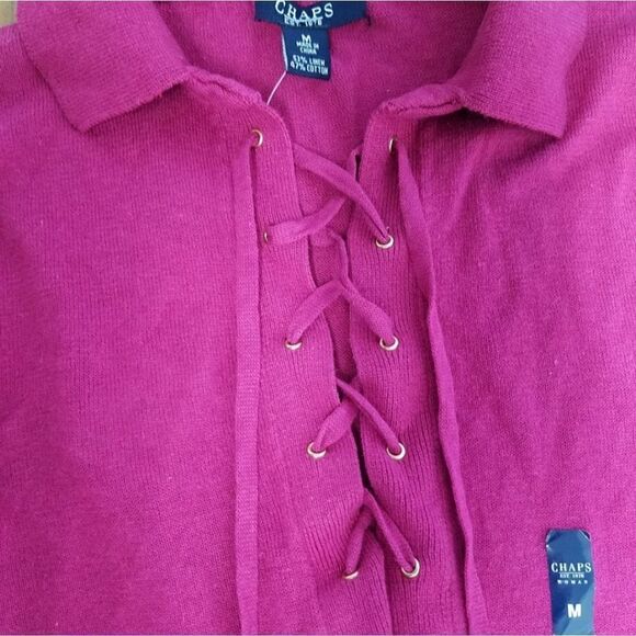 NWT Chaps Medium knitt collared shirt. Magenta colored knitt top with 3/4 sleeve - Picture 2 of 5